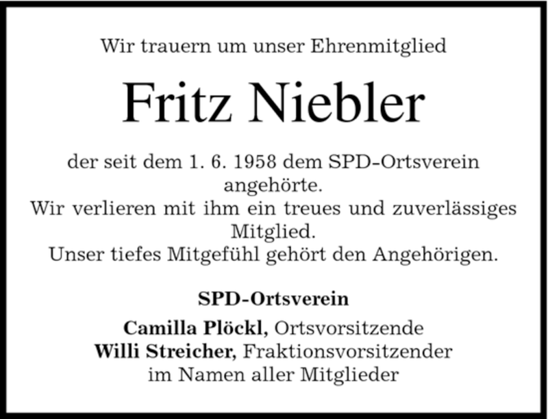 Traueranzeigen Von Fritz Niebler Trauer Merkur De