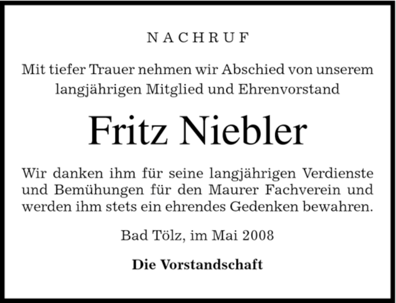 Traueranzeigen Von Fritz Niebler Trauer Merkur De