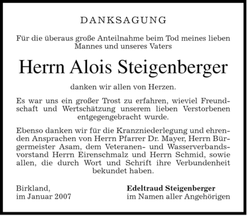 Traueranzeigen Von Alois Steigenberger Trauer Merkur De