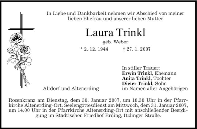 Traueranzeigen Von Laura Trinkl Trauer Merkur De