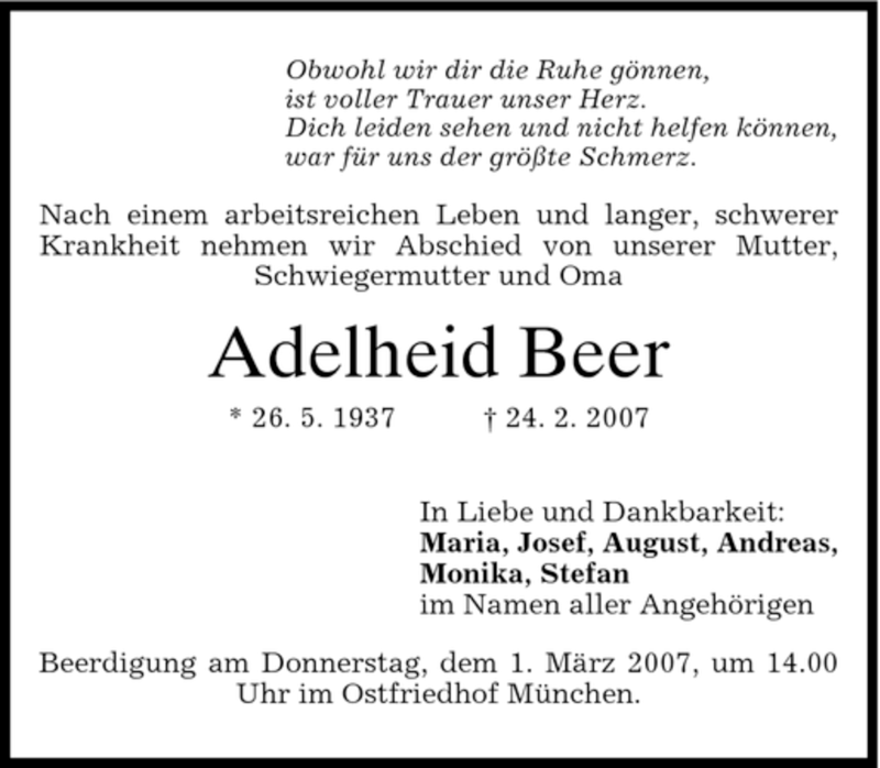 Traueranzeigen Von Adelheid Beer Trauer Merkur De