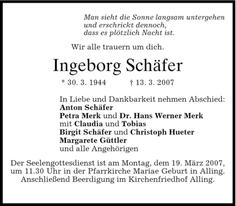 Traueranzeigen von Ingeborg Schäfer trauer merkur de