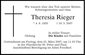 Traueranzeigen Von Theresia Rieger Trauer Merkur De