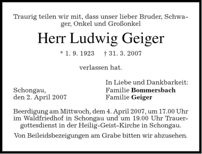 Traueranzeigen Von Ludwig Geiger Trauer Merkur De