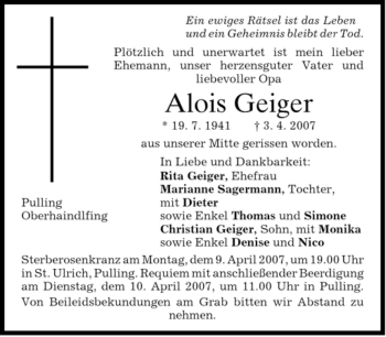 Traueranzeigen Von Alois Geiger Trauer Merkur De