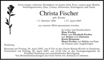 Traueranzeigen Von Christa Fischer Trauer Merkur De