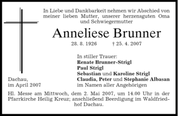 Traueranzeigen Von Anneliese Brunner Trauer Merkur De