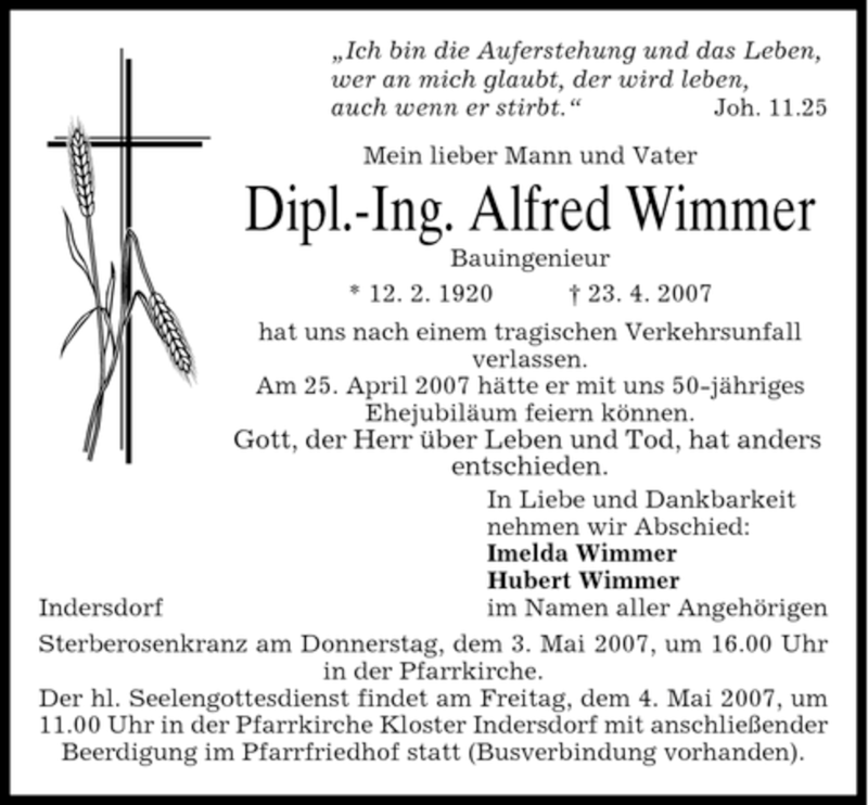 Traueranzeigen Von Alfred Wimmer Trauer Merkur De