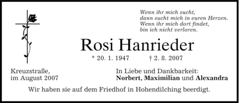 Traueranzeigen Von Rosi Hanrieder Trauer Merkur De