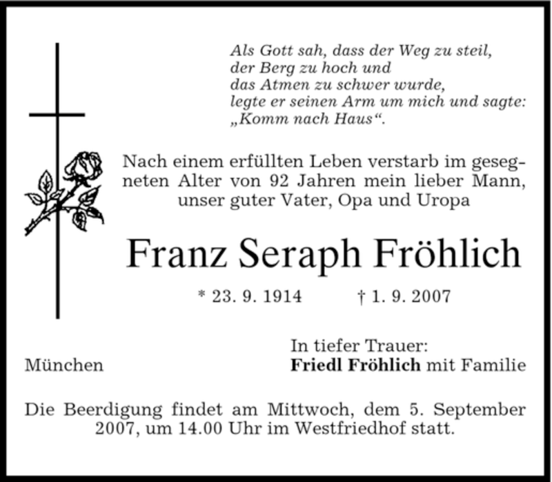 Traueranzeigen von Franz Seraph Fröhlich trauer merkur de