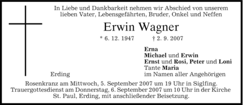 Traueranzeigen Von Erwin Wagner Trauer Merkur De