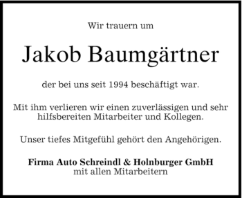 Traueranzeigen von Jakob Baumgärtner trauer merkur de