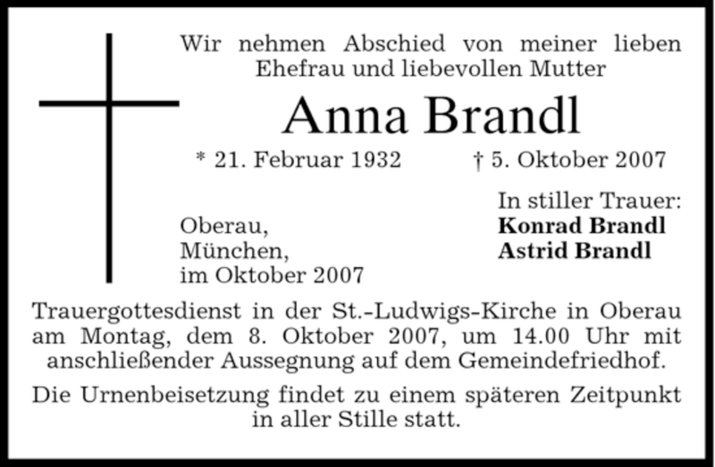 Traueranzeigen Von Anna Brandl Trauer Merkur De