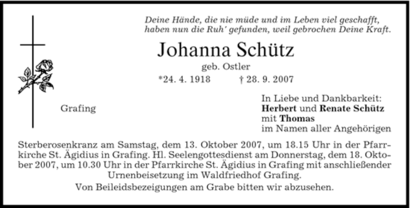 Traueranzeigen von Johanna Schütz trauer merkur de