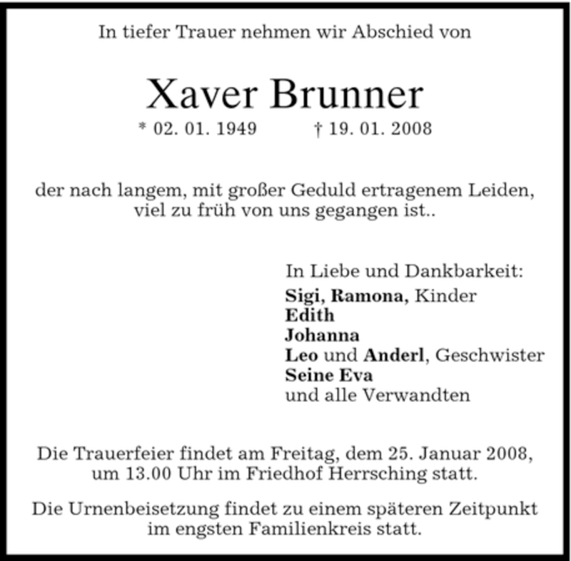 Traueranzeigen Von Xaver Brunner Trauer Merkur De