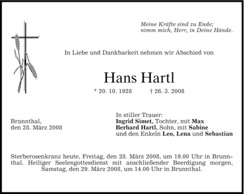 Traueranzeigen Von Hans Hartl Trauer Merkur De