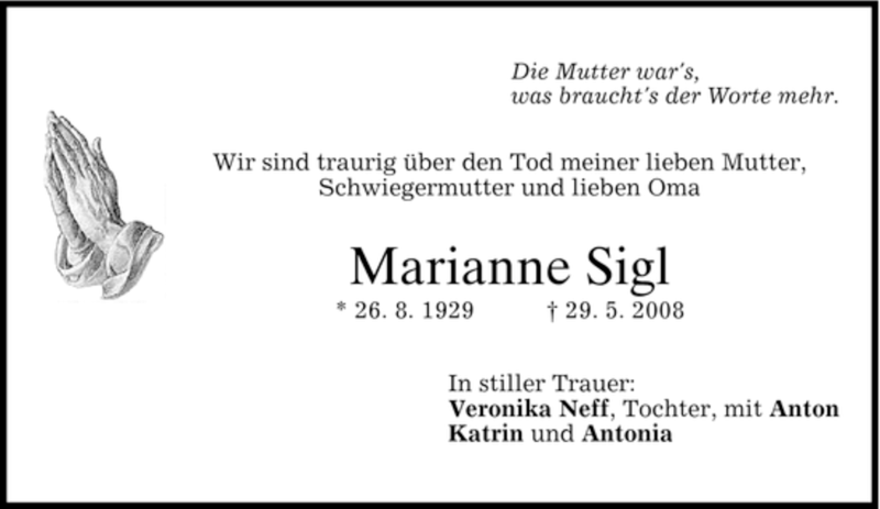 Traueranzeigen Von Marianne Sigl Trauer Merkur De