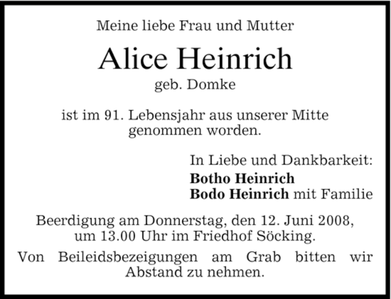 Traueranzeigen Von Alice Heinrich Trauer Merkur De