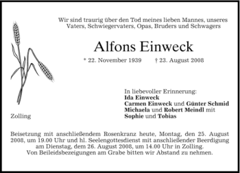 Traueranzeigen Von Alfons Einweck Trauer Merkur De