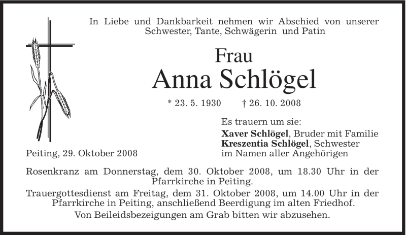 Traueranzeigen von Anna Schlögel trauer merkur de