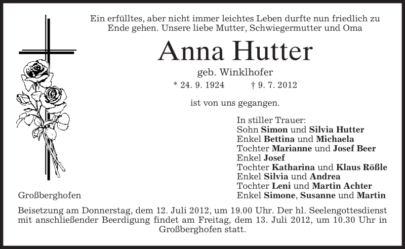 Traueranzeigen Von Anna Hutter Trauer Merkur De