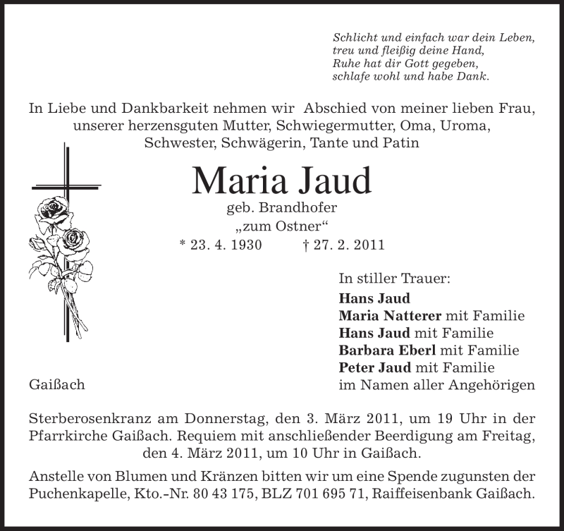 Traueranzeigen Von Maria Jaud Trauer Merkur De