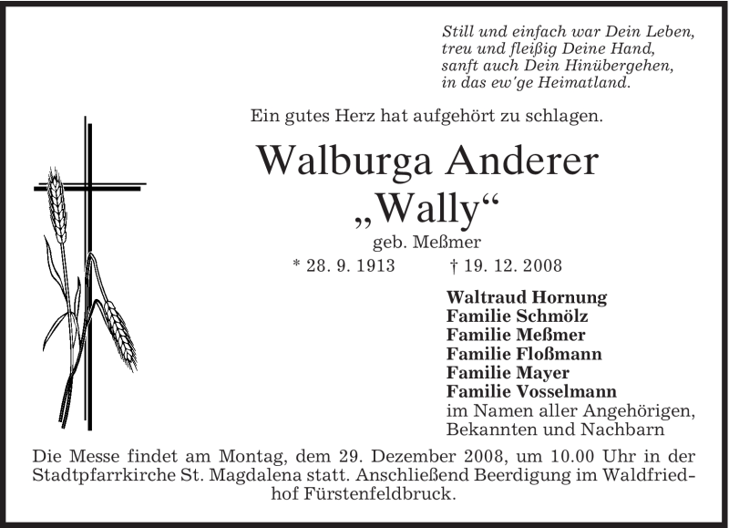 Traueranzeigen Von Walburga Anderer Trauer Merkur De