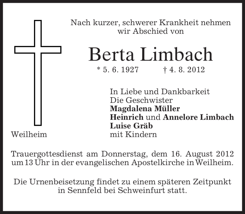 Traueranzeigen Von Berta Limbach Trauer Merkur De