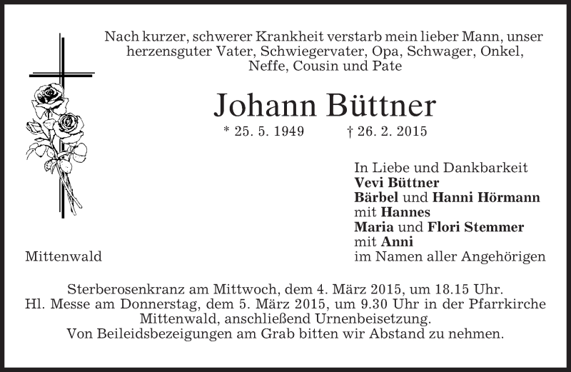 Traueranzeigen von Johann Büttner trauer merkur de