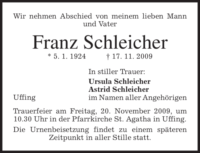 Traueranzeigen Von Franz Schleicher Trauer Merkur De