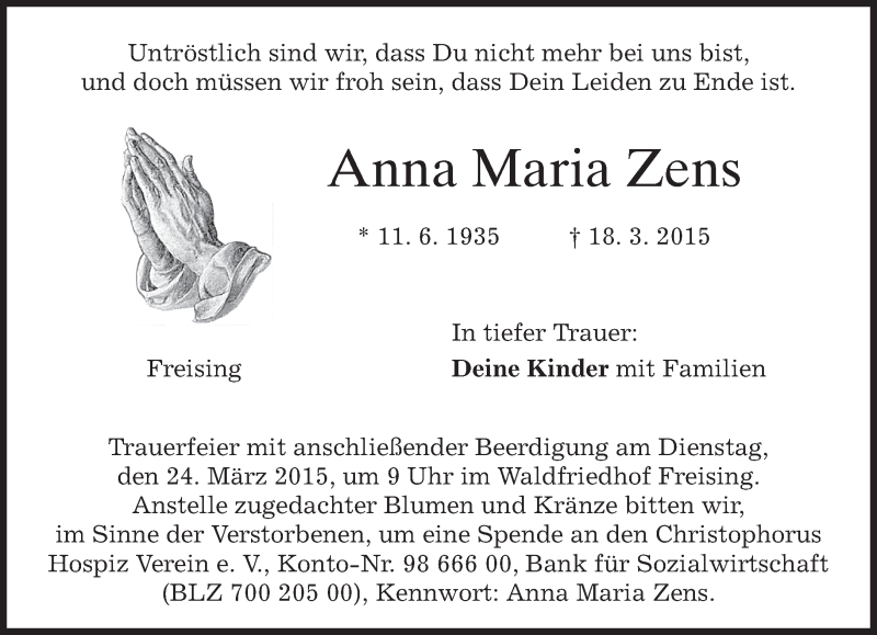 Traueranzeigen Von Anna Maria Zens Trauer Merkur De