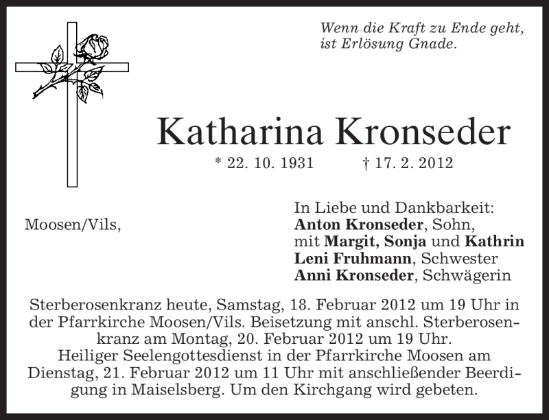 Traueranzeigen Von Katharina Kronseder Trauer Merkur De