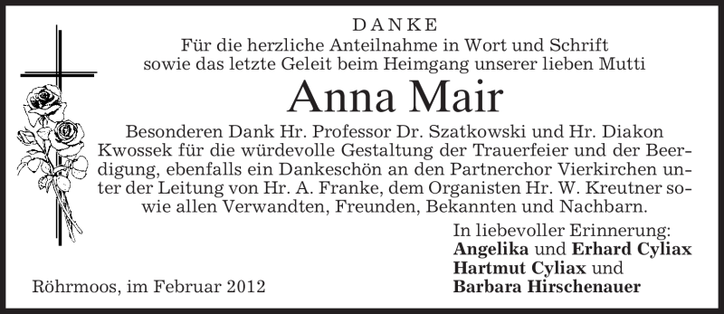 Traueranzeigen Von Anna Mair Trauer Merkur De