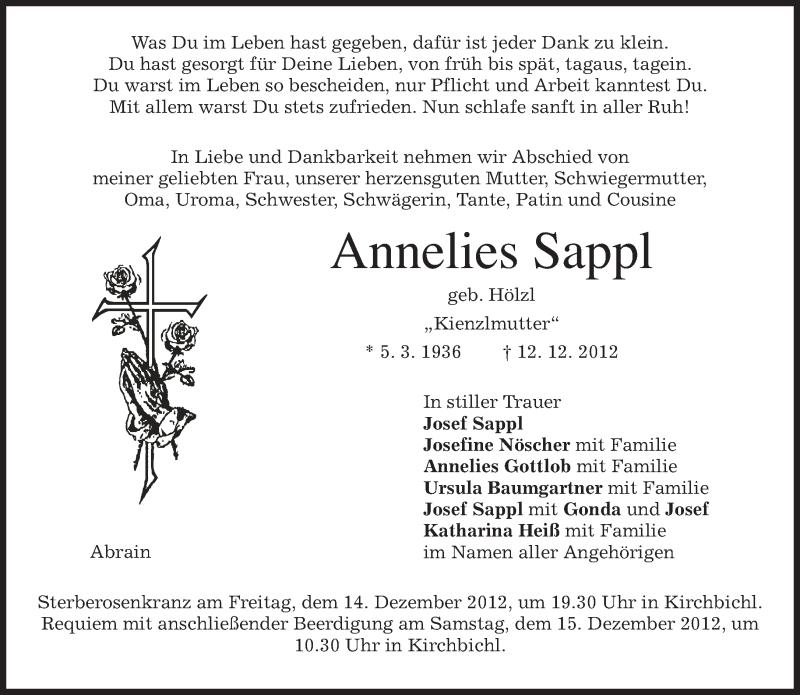 Traueranzeigen Von Annelies Sappl Trauer Merkur De