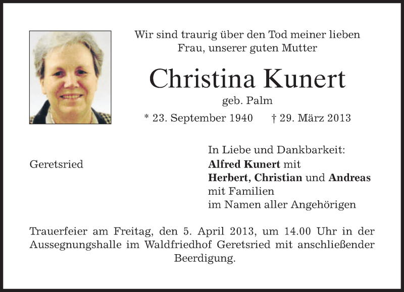 Traueranzeigen Von Christina Kunert Trauer Merkur De