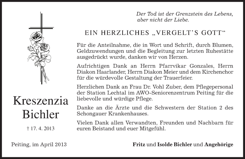 Traueranzeigen Von Kreszenzia Bichler Trauer Merkur De