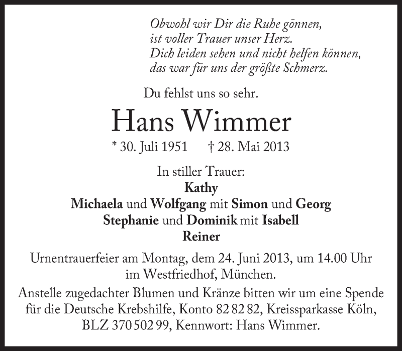 Traueranzeigen Von Hans Wimmer Trauer Merkur De