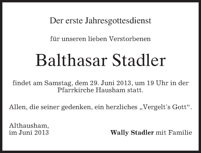 Traueranzeigen Von Balthasar Stadler Trauer Merkur De