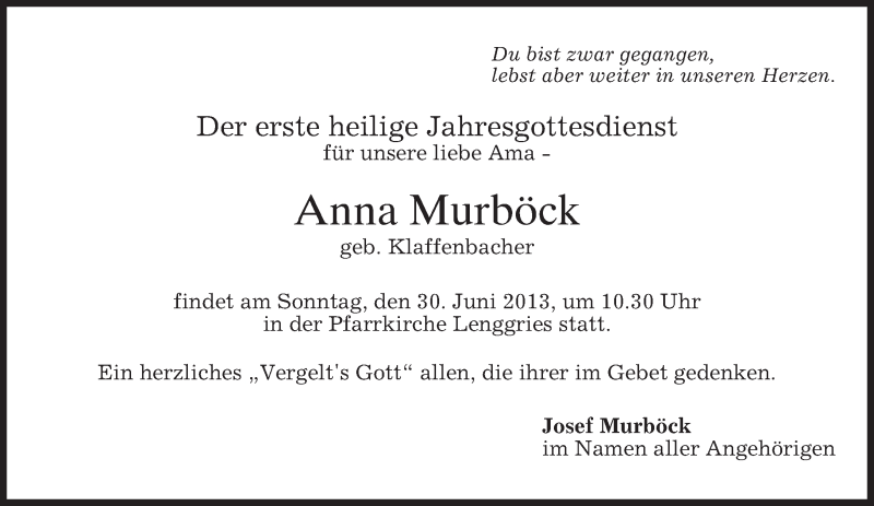 Traueranzeigen von Anna Murböck trauer merkur de