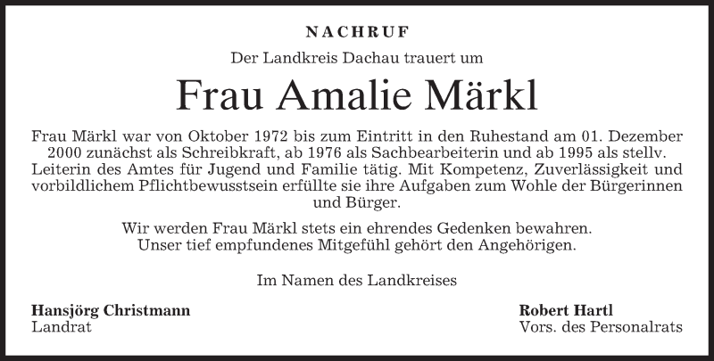 Traueranzeigen von Amalie Märkl trauer merkur de