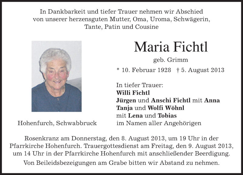 Traueranzeigen Von Maria Fichtl Trauer Merkur De