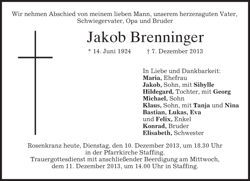 Traueranzeigen Von Jakob Brenninger Trauer Merkur De