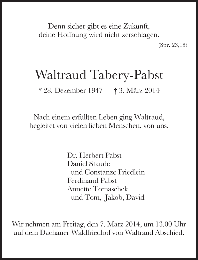 Traueranzeigen Von Waltraud Tabery Pabst Trauer Merkur De