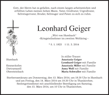 Traueranzeigen Von Leonhard Geiger Trauer Merkur De