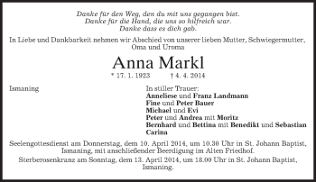 Traueranzeigen Von Anna Markl Trauer Merkur De