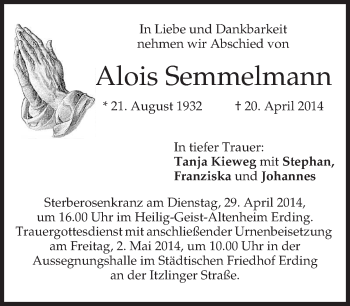 Traueranzeigen Von Alois Semmelmann Trauer Merkur De