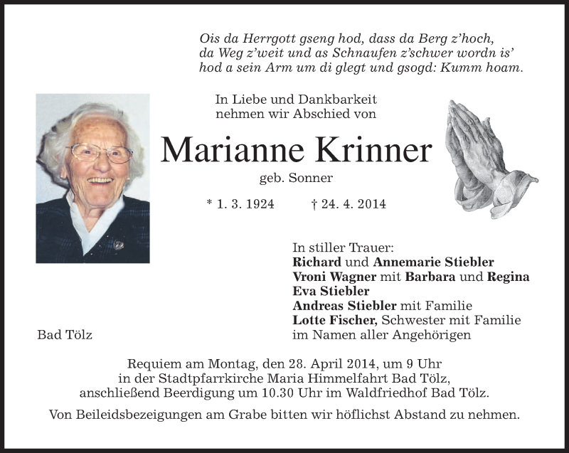 Traueranzeigen Von Marianne Krinner Trauer Merkur De