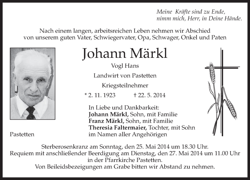 Traueranzeigen Von Johann M Rkl Trauer Merkur De