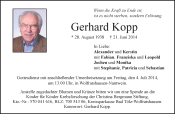 Traueranzeigen Von Gerhard Kopp Trauer Merkur De