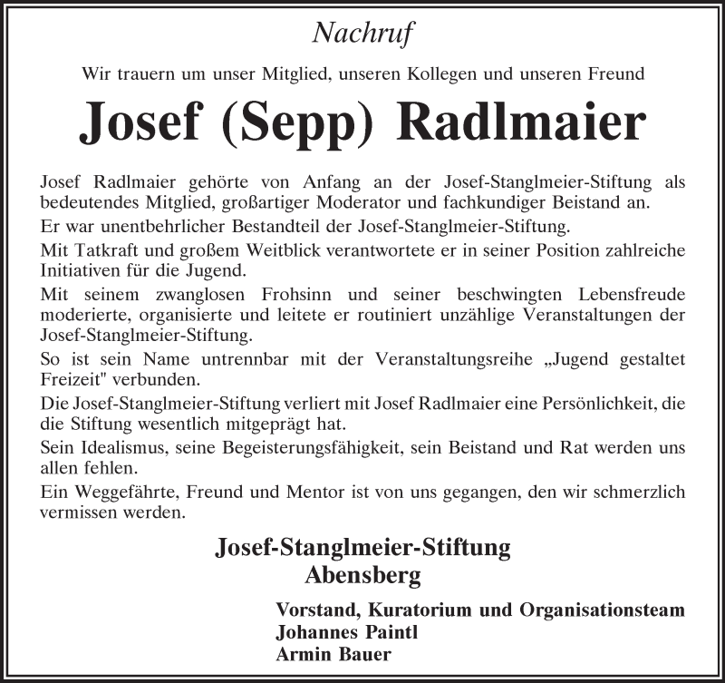 Traueranzeigen Von Josef Radlmaier Trauer Merkur De